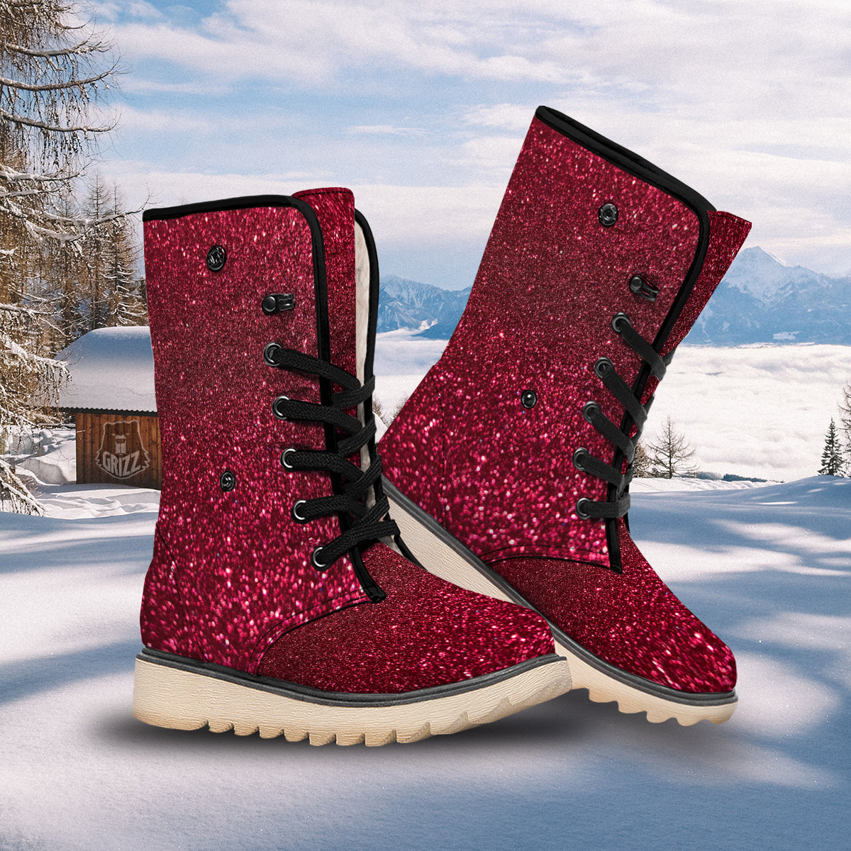 Texture Burgundy Glitter Print Snow Boots-grizzshop