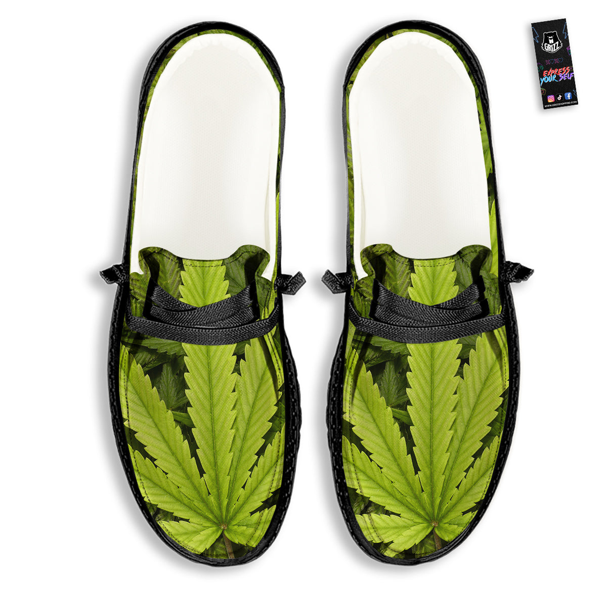 Texture Cannabis Print Black Loafers-grizzshop