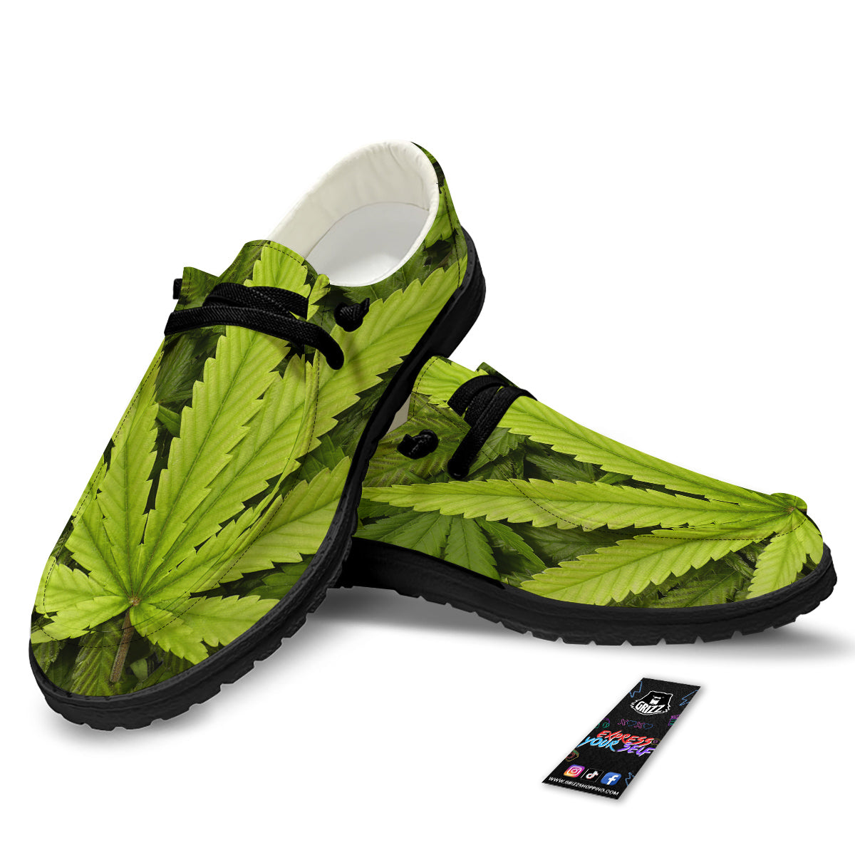 Texture Cannabis Print Black Loafers-grizzshop