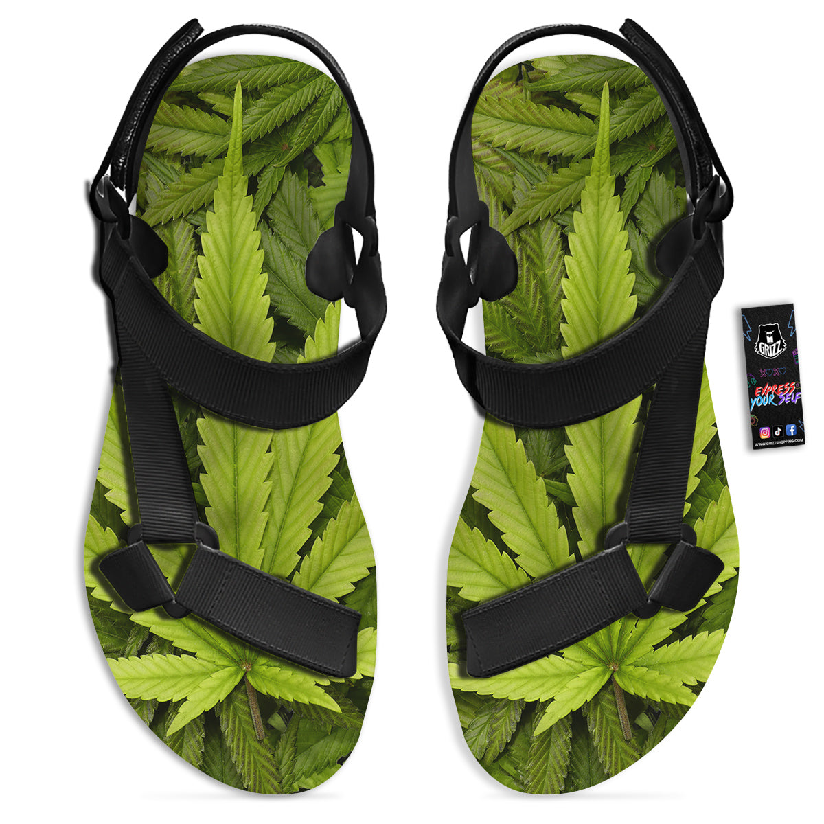 Texture Cannabis Print Black Open Toe Sandals-grizzshop