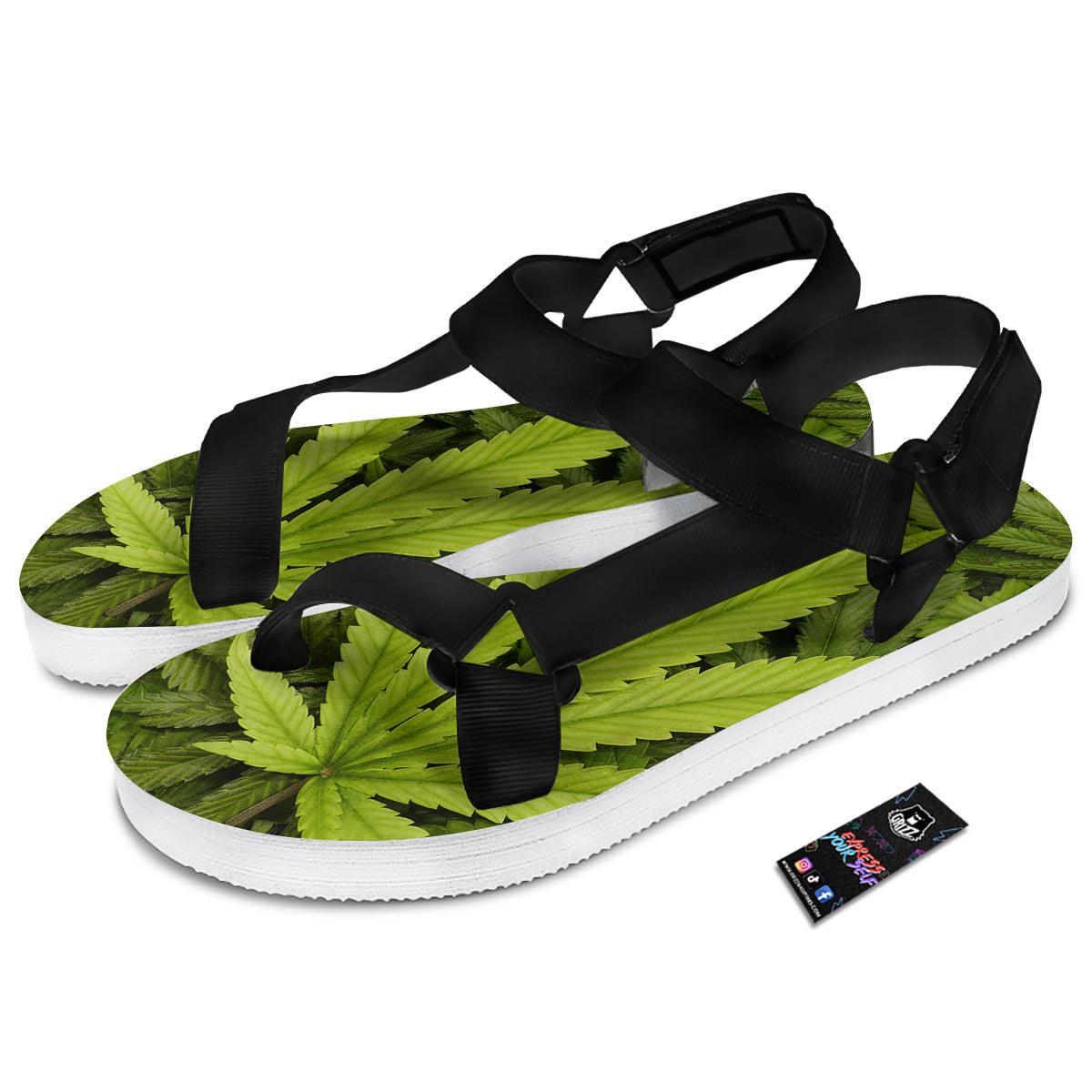 Texture Cannabis Print Black Open Toe Sandals-grizzshop