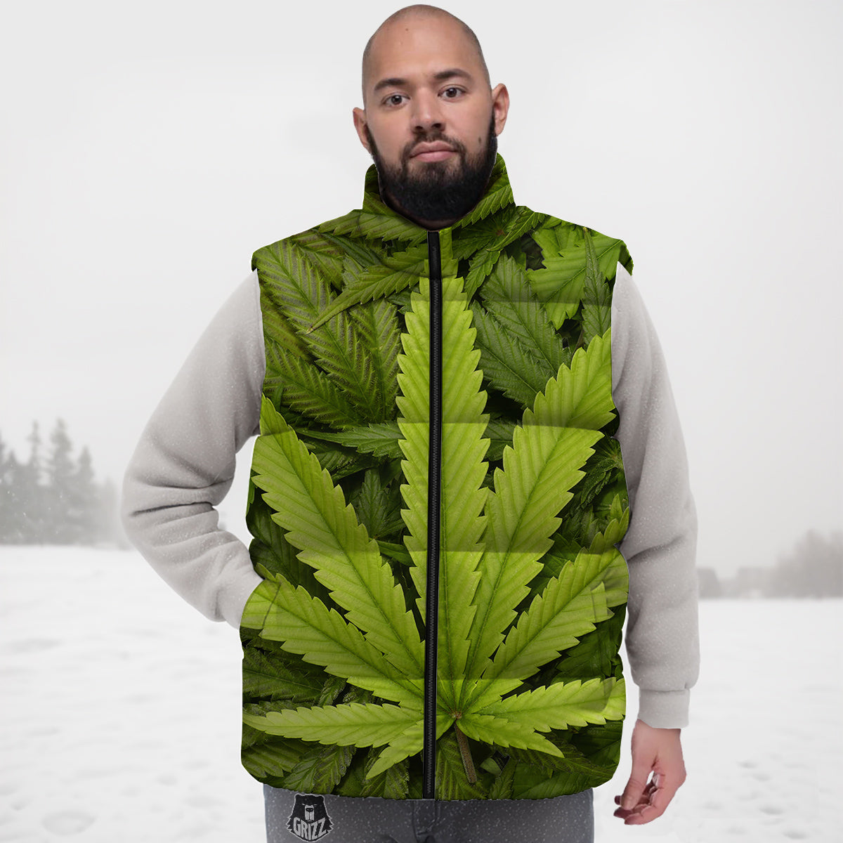 Texture Cannabis Print Down Vest-grizzshop