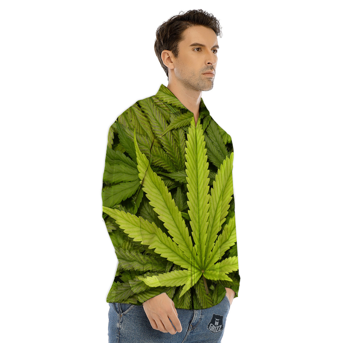 Texture Cannabis Print Men's Dress Shirts-grizzshop