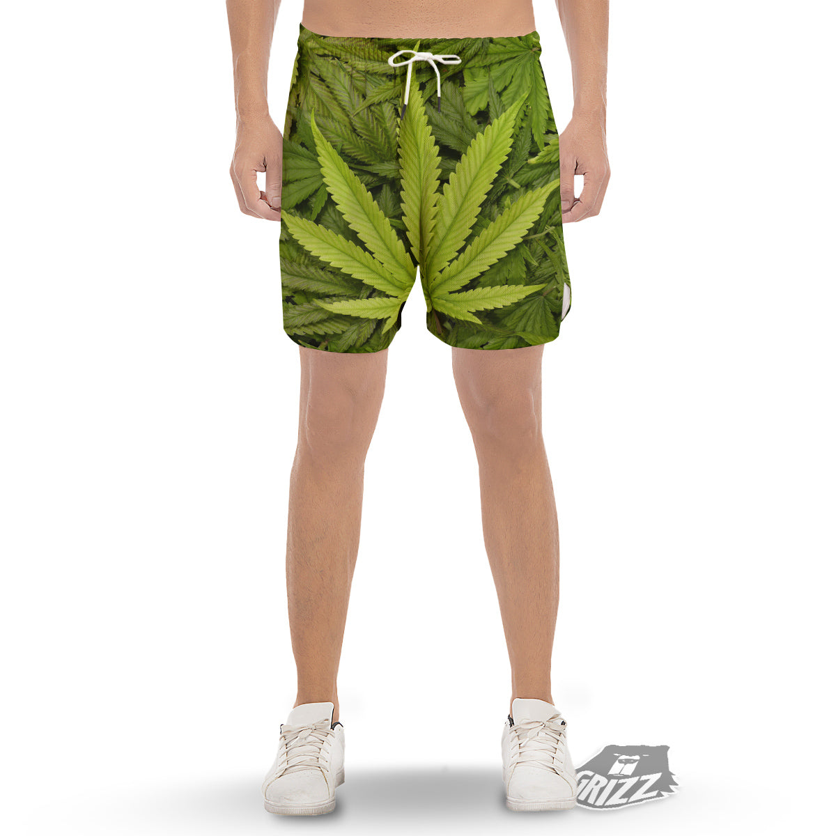 Texture Cannabis Print Men's Gym Shorts-grizzshop
