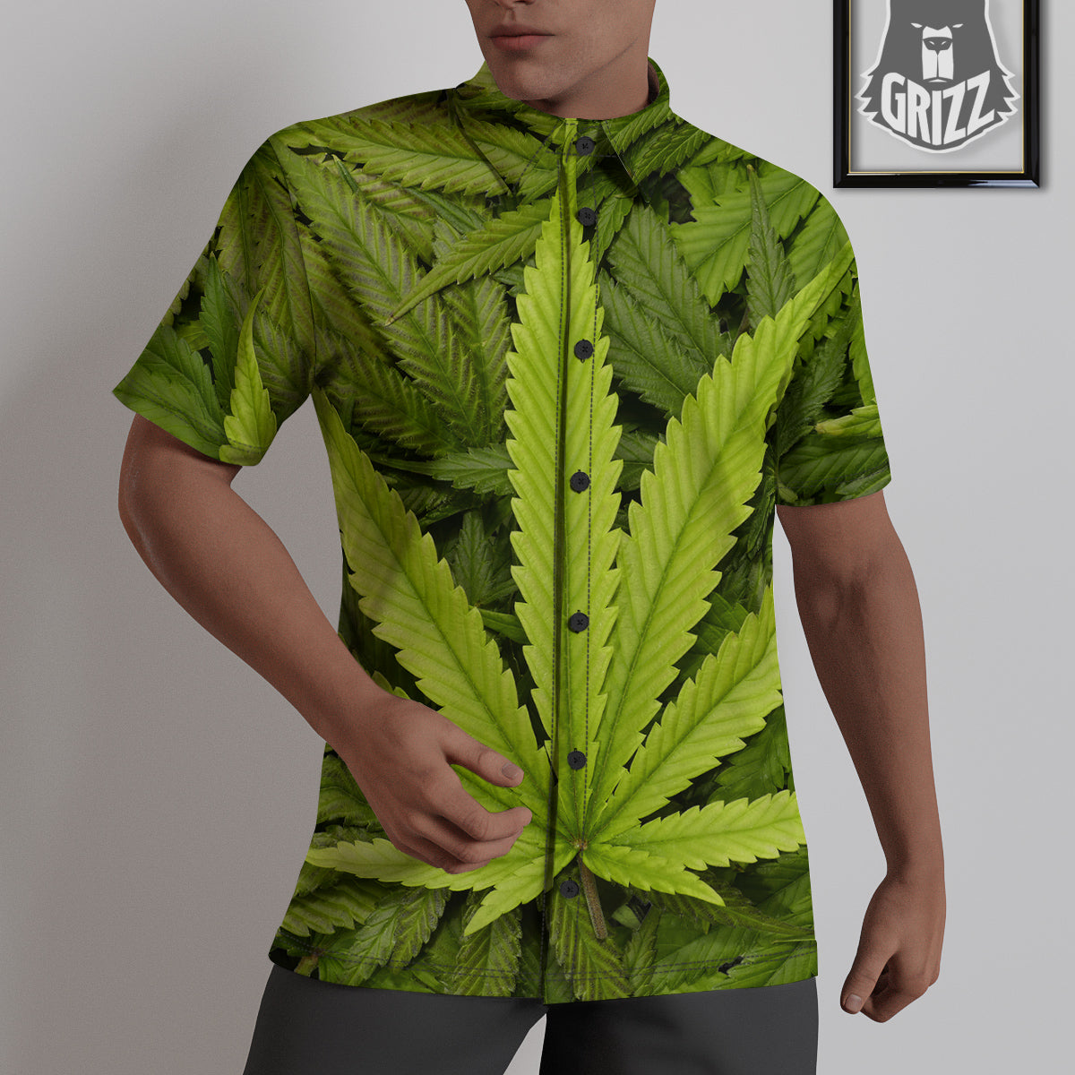 Texture Cannabis Print Untucked Shirts-grizzshop