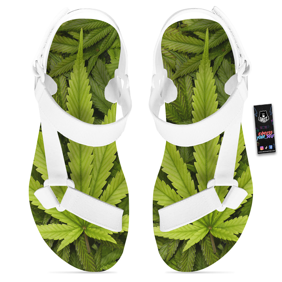 Texture Cannabis Print White Open Toe Sandals-grizzshop