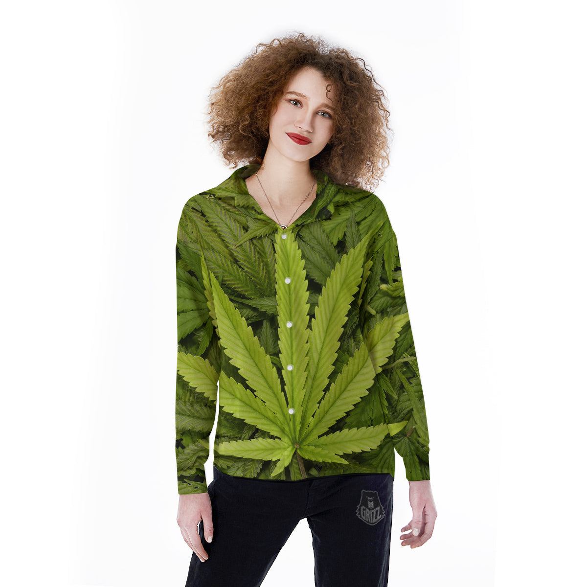 Texture Cannabis Print Women's Long Sleeve Shirts-grizzshop