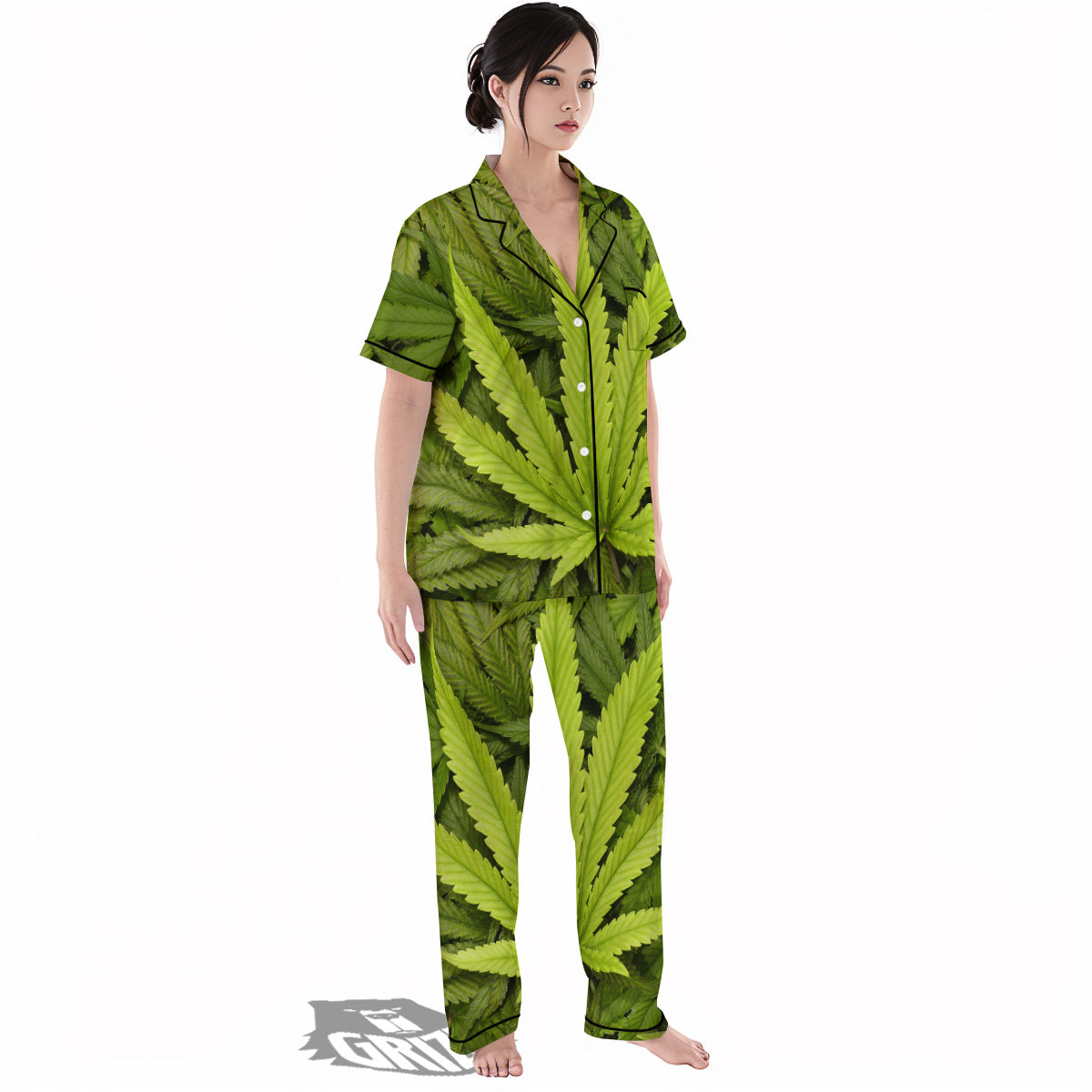 Texture Cannabis Print Women's Pajamas Set-grizzshop