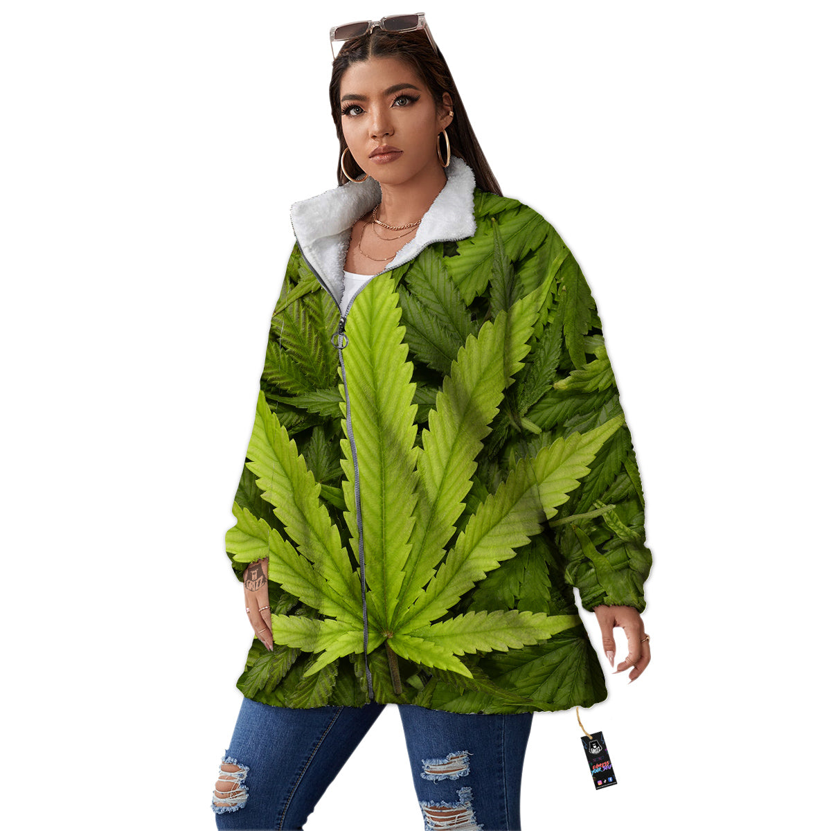 Texture Cannabis Print Women's Sherpa Jacket-grizzshop