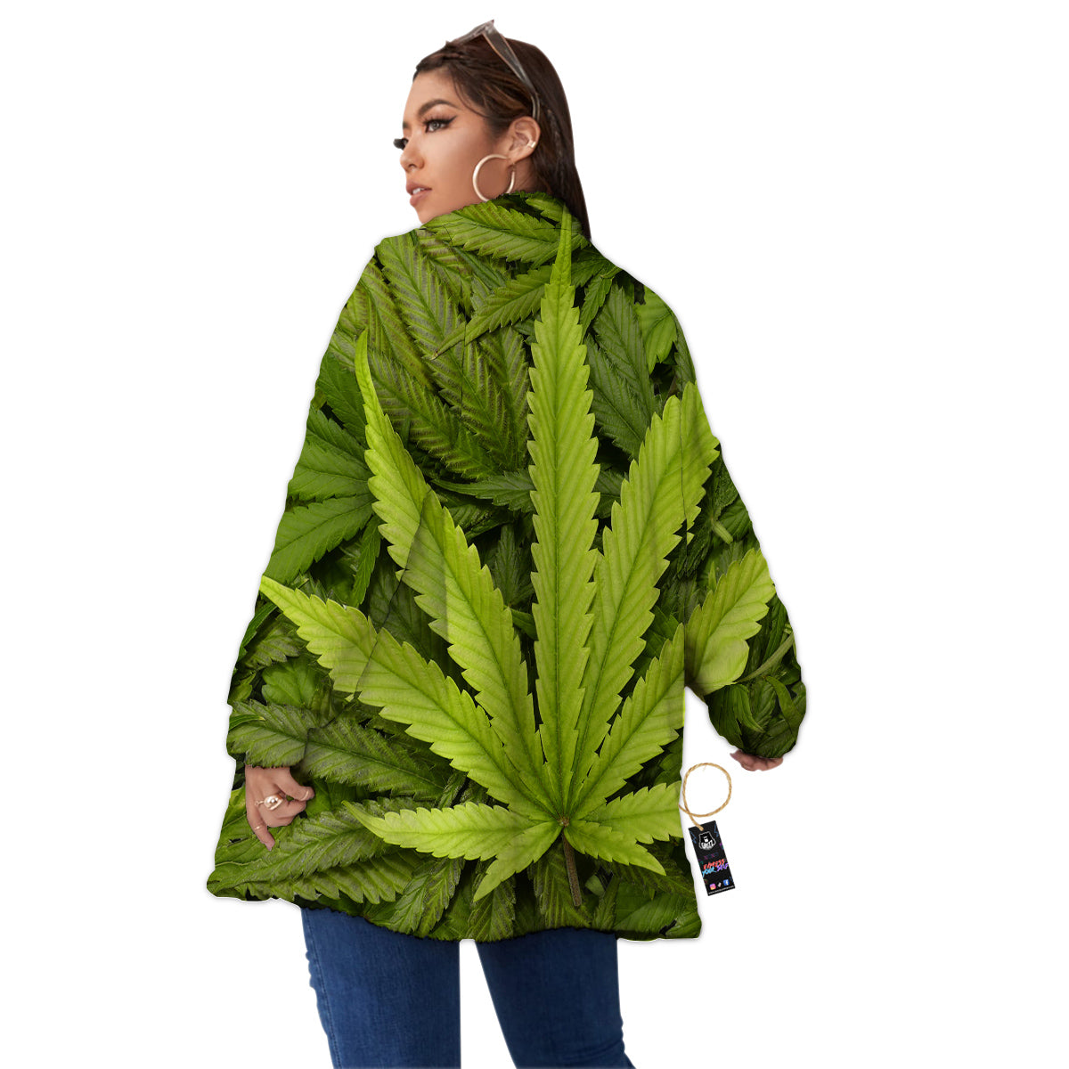 Texture Cannabis Print Women's Sherpa Jacket-grizzshop