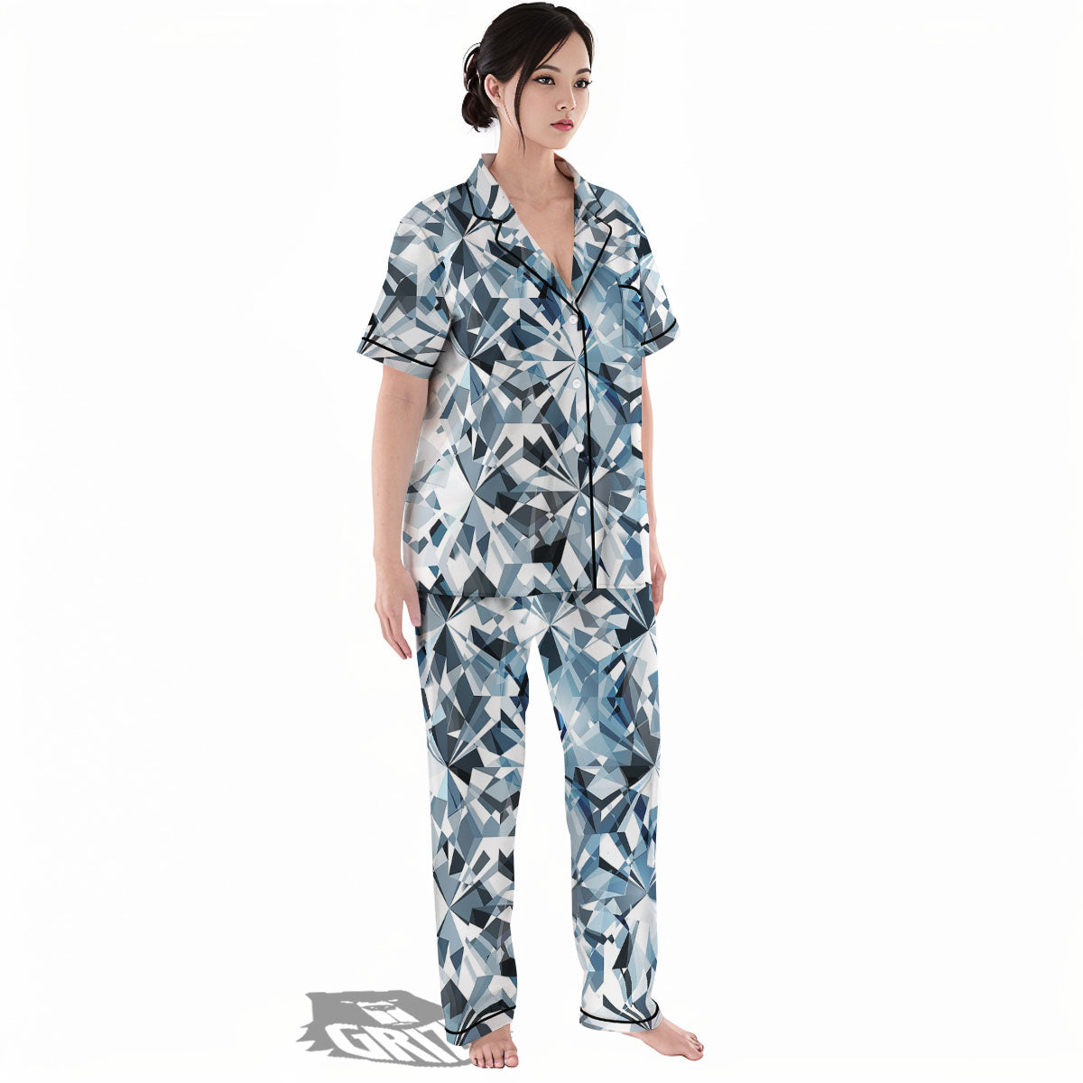 Texture Diamond Print Women's Pajamas Set-grizzshop