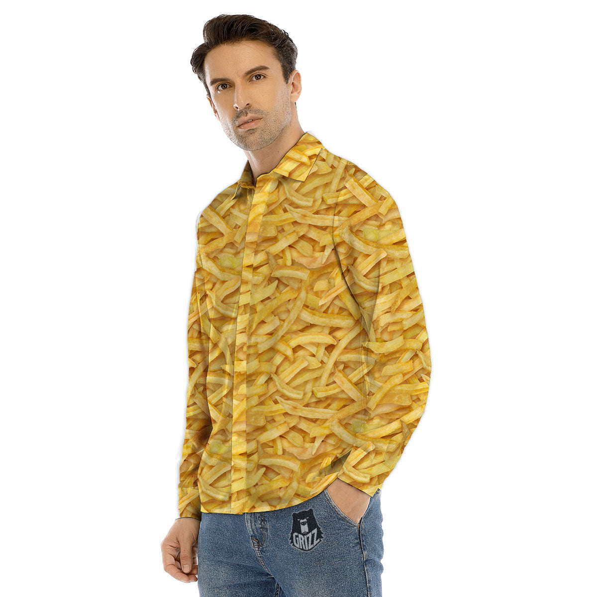 Texture French Fries Print Men's Dress Shirts-grizzshop