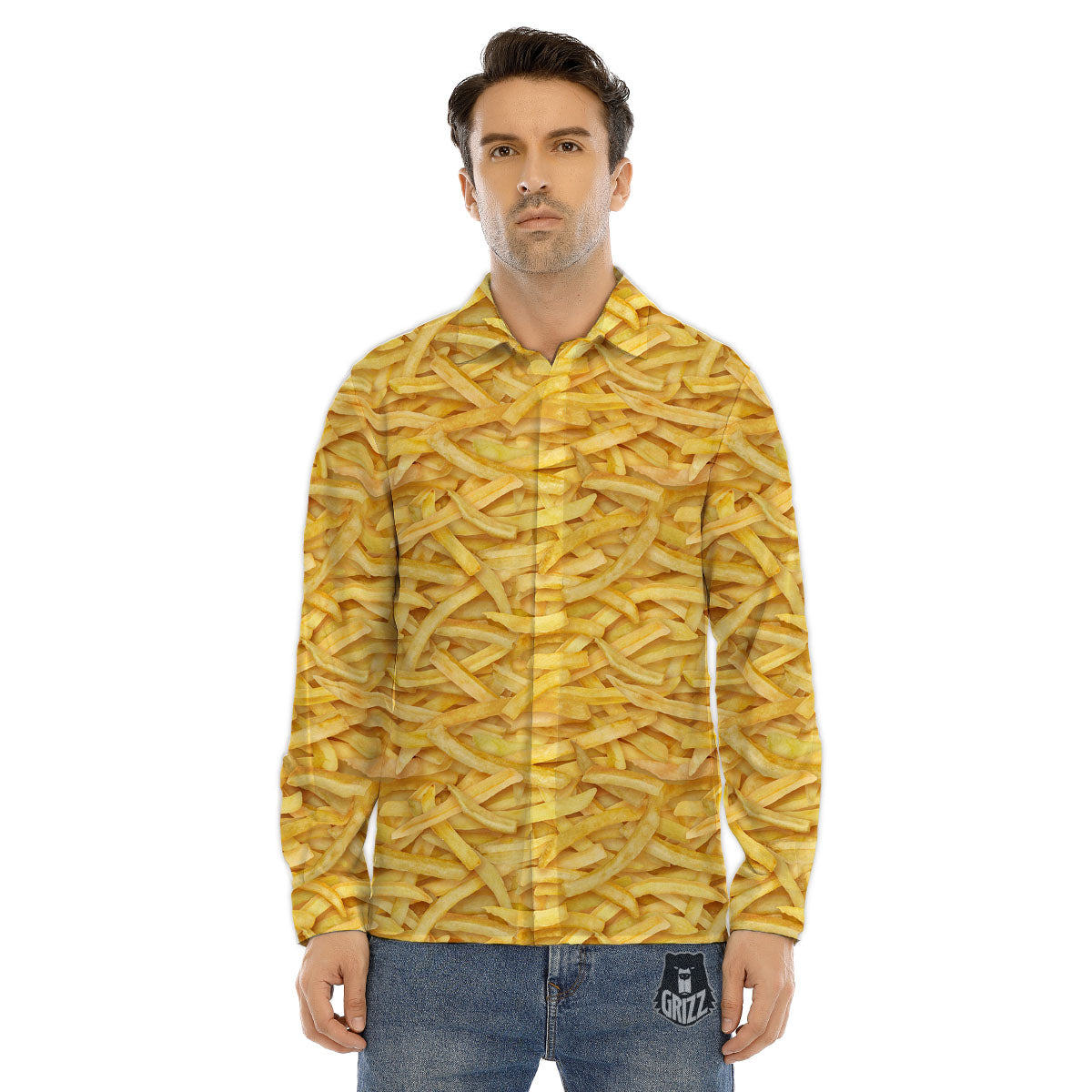 Texture French Fries Print Men's Dress Shirts-grizzshop