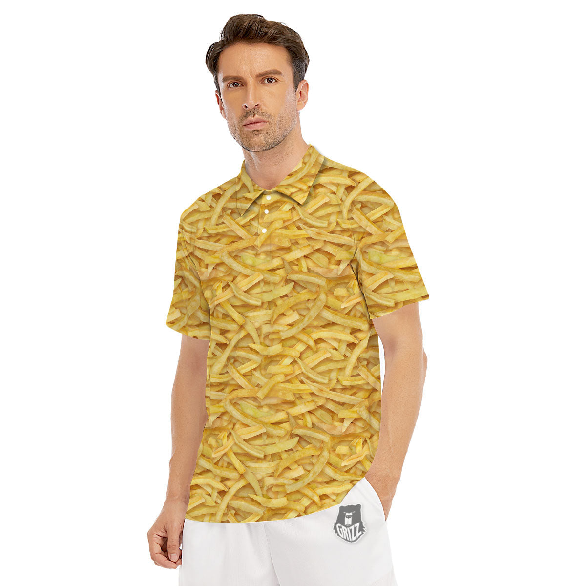 Texture French Fries Print Men's Golf Shirts-grizzshop
