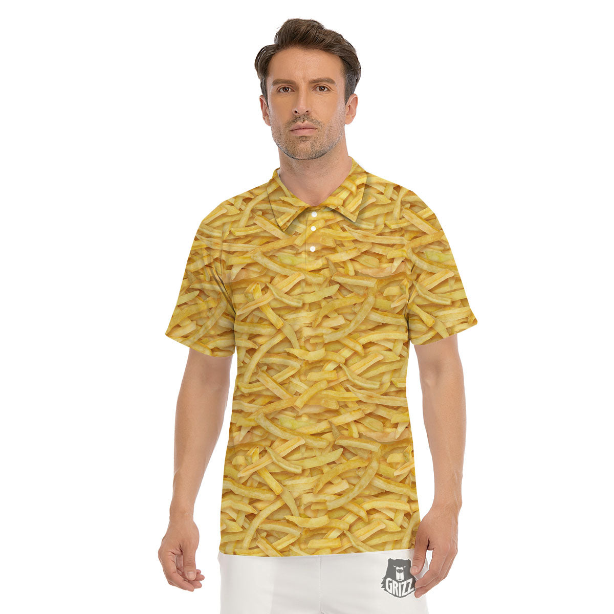 Texture French Fries Print Men's Golf Shirts-grizzshop
