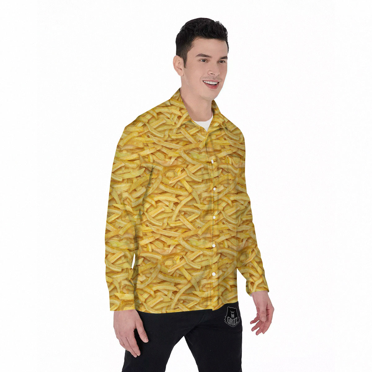 Texture French Fries Print Men's Long Sleeve Shirts-grizzshop