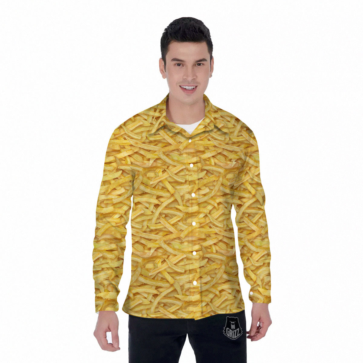 Texture French Fries Print Men's Long Sleeve Shirts-grizzshop