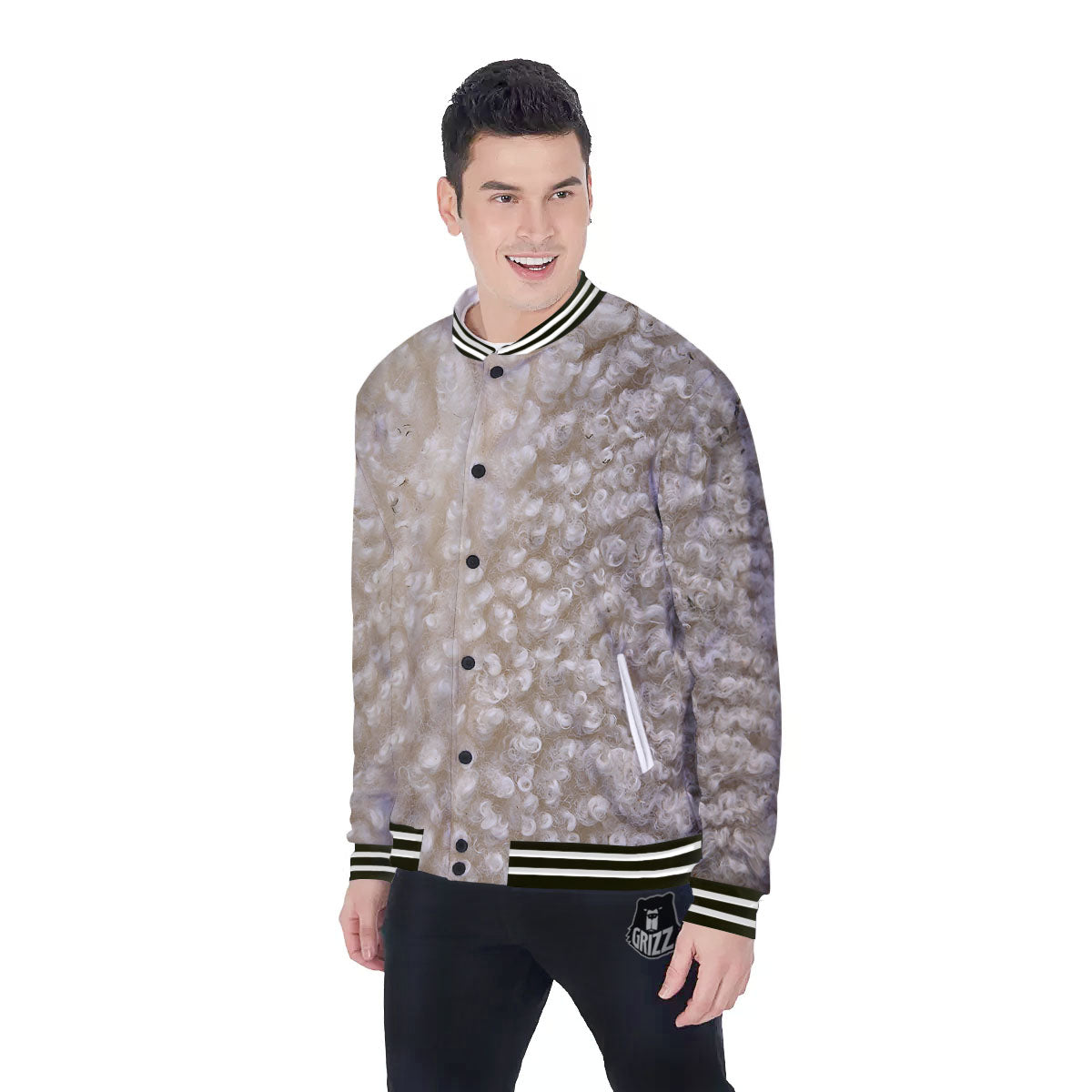 Texture Fur Sheep Print Baseball Jacket-grizzshop