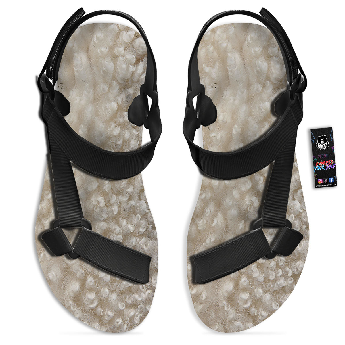 Texture Fur Sheep Print Black Open Toe Sandals-grizzshop