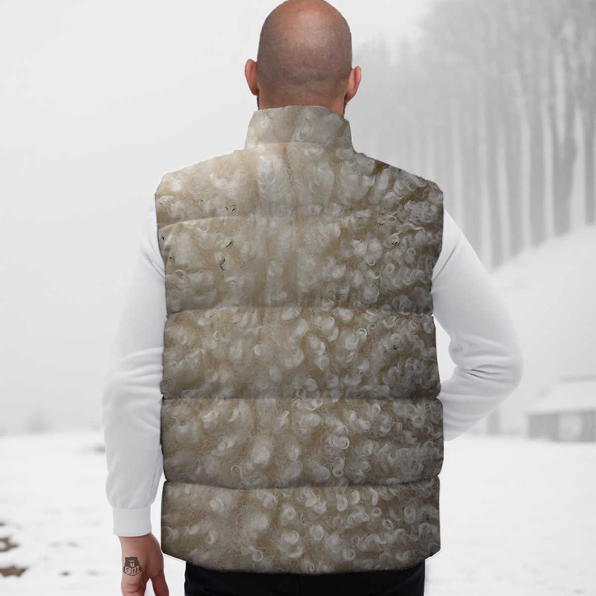 Texture Fur Sheep Print Down Vest-grizzshop