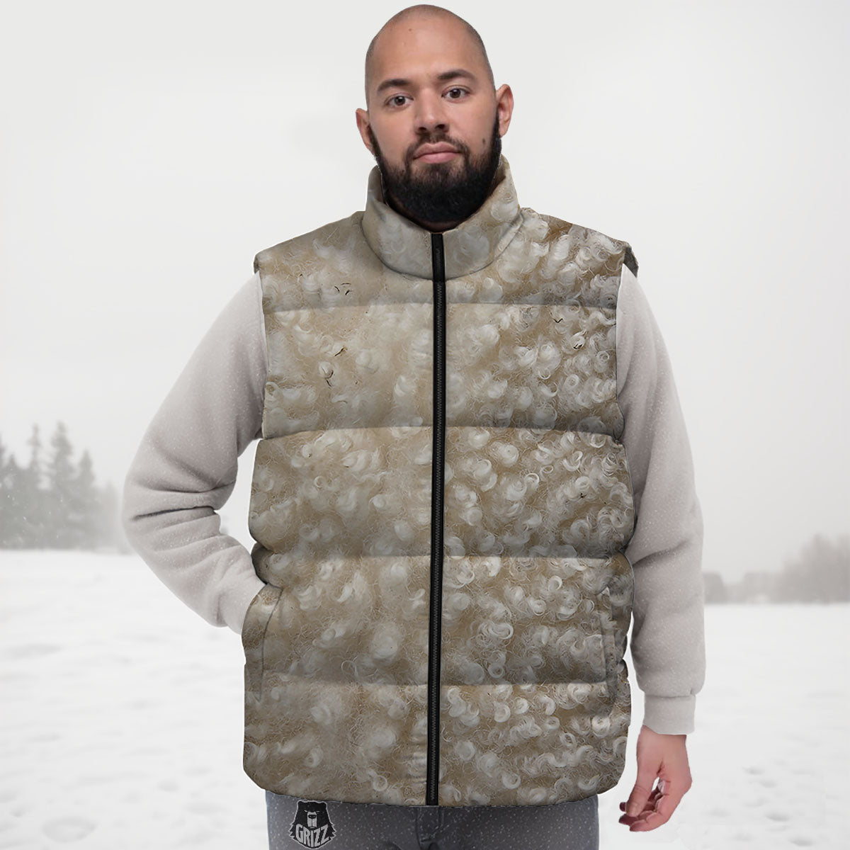 Texture Fur Sheep Print Down Vest-grizzshop