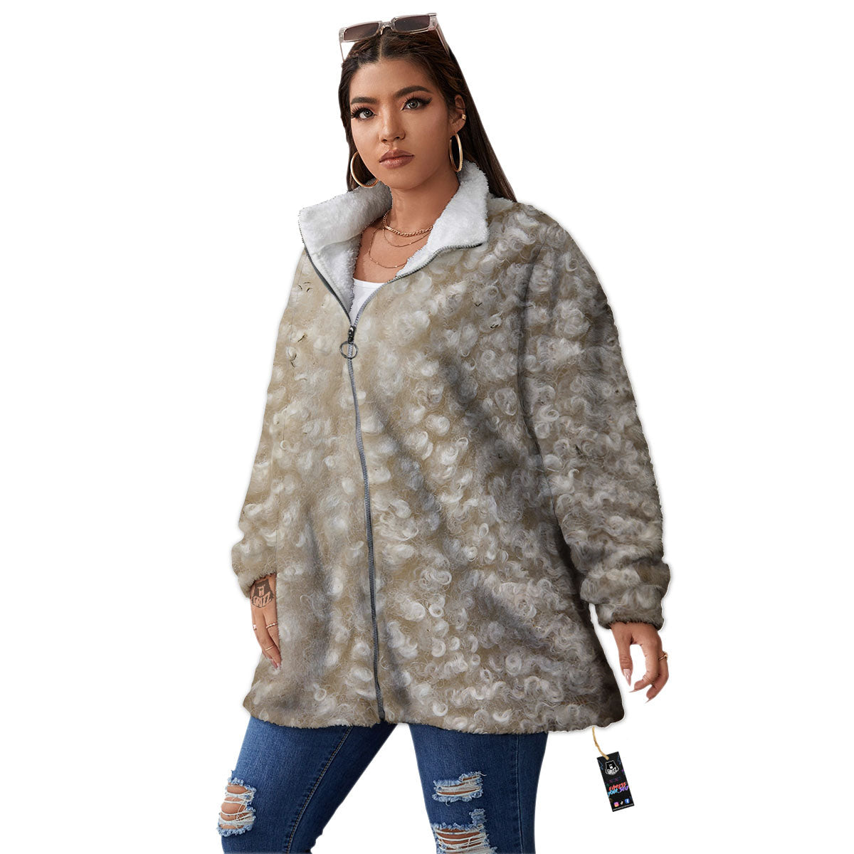 Texture Fur Sheep Print Women's Sherpa Jacket-grizzshop