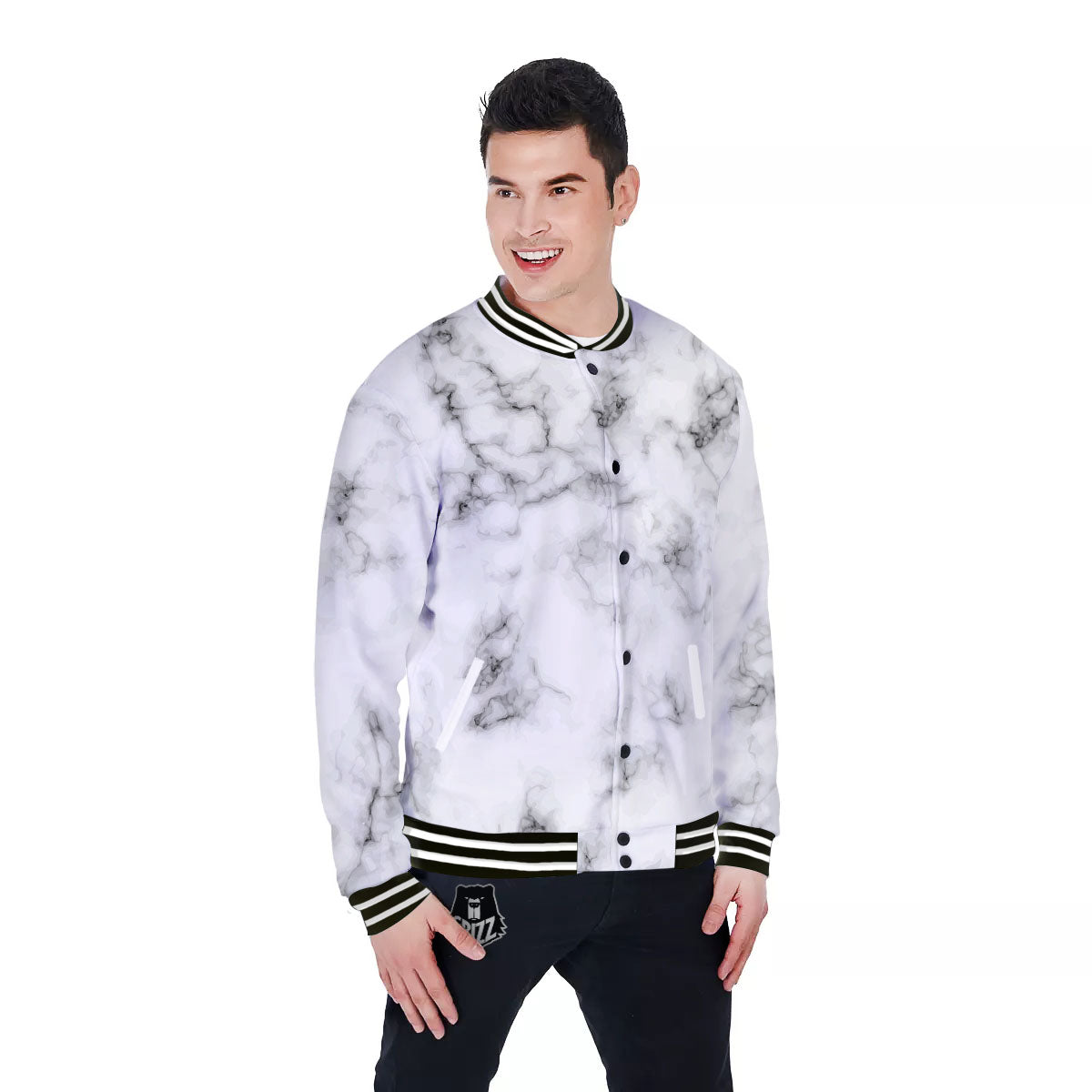 Texture Grey Marble Print Baseball Jacket-grizzshop