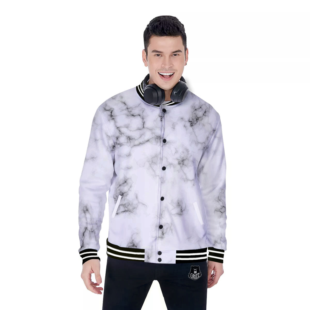 Texture Grey Marble Print Baseball Jacket-grizzshop