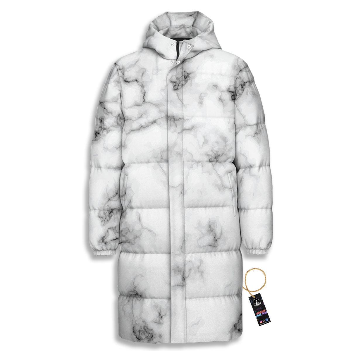 Texture Grey Marble Print Long Down Jacket-grizzshop