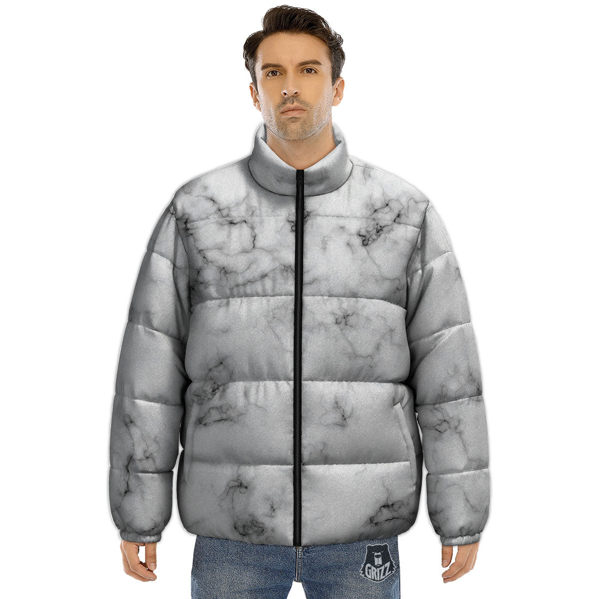 Texture Grey Marble Print Puffer Jacket-grizzshop