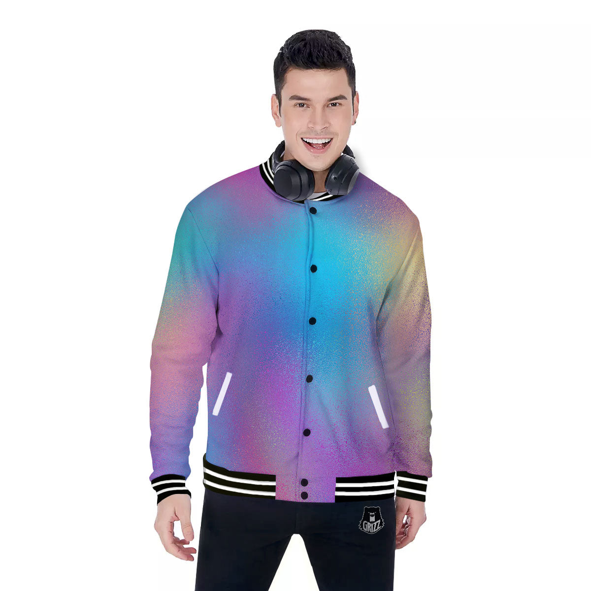 Texture Holographic Print Baseball Jacket-grizzshop