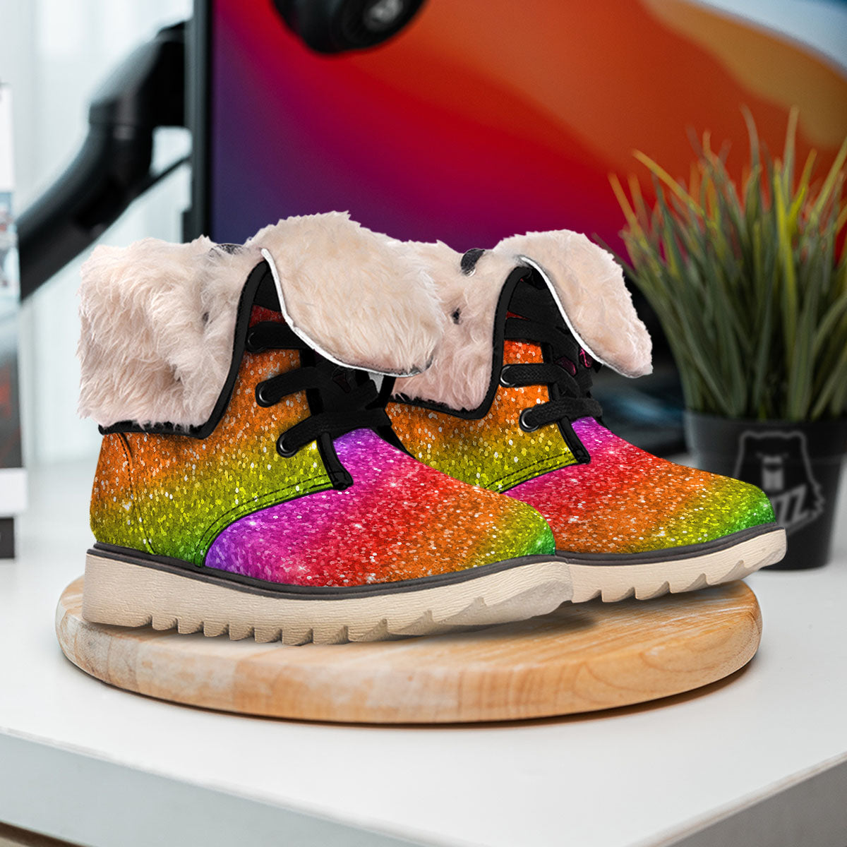 Texture Rainbow Glitter Print Snow Boots-grizzshop
