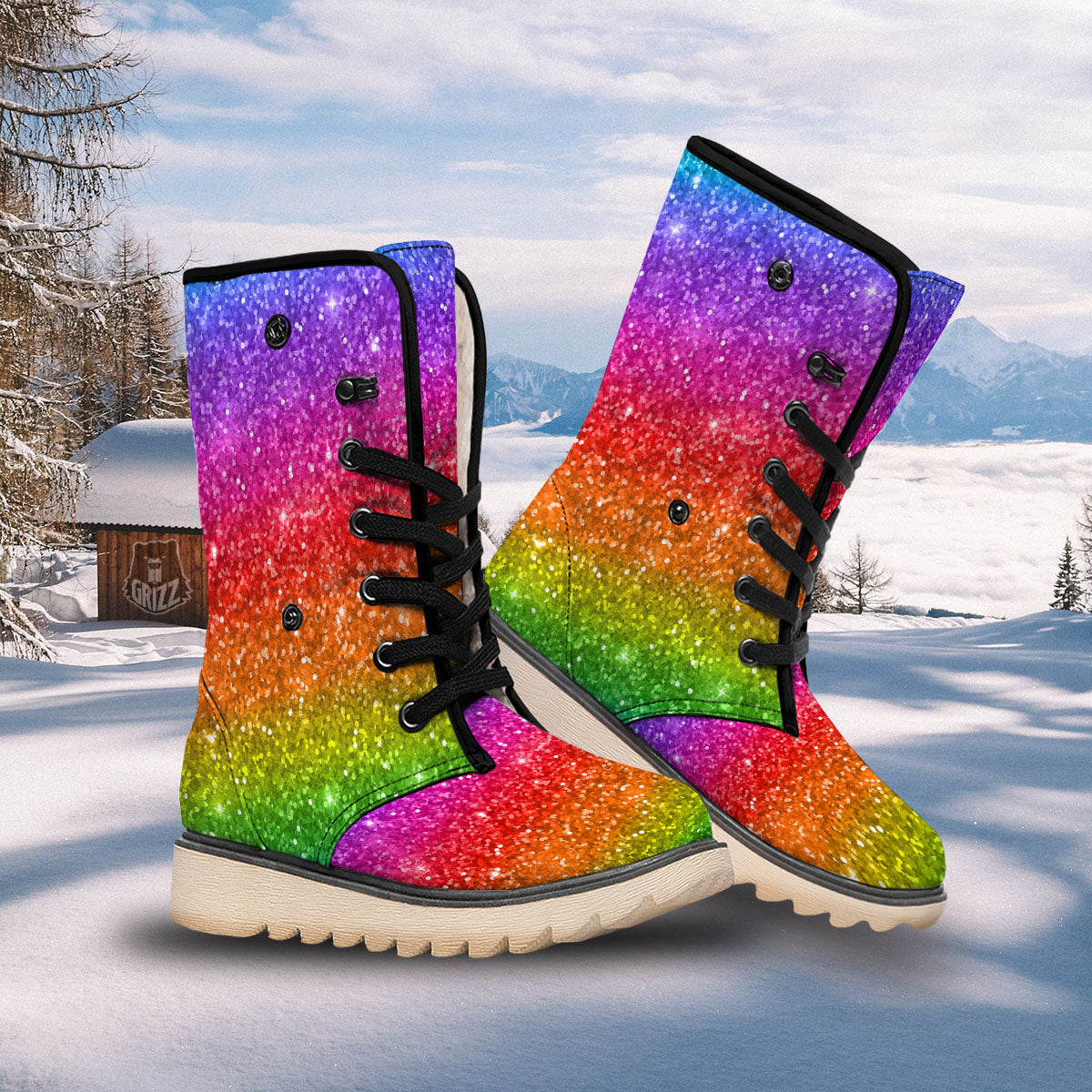 Texture Rainbow Glitter Print Snow Boots-grizzshop