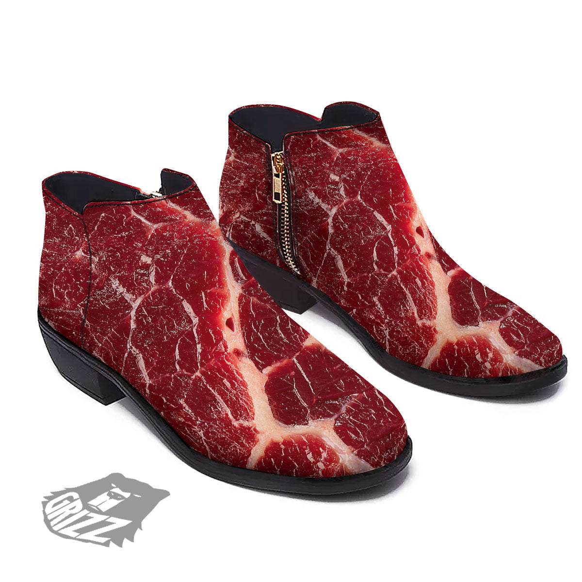 Texture Red Meat Print Ankle Boots-grizzshop