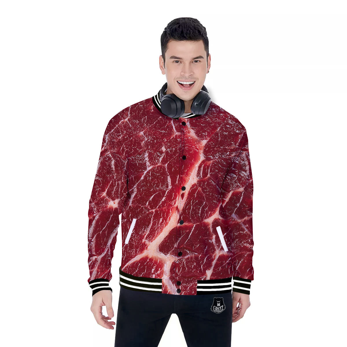 Texture Red Meat Print Baseball Jacket-grizzshop