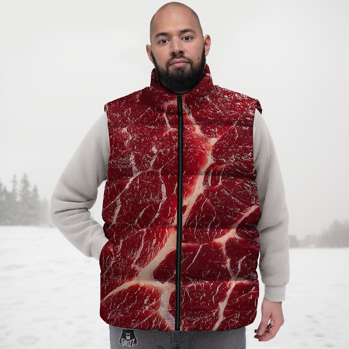 Texture Red Meat Print Down Vest-grizzshop