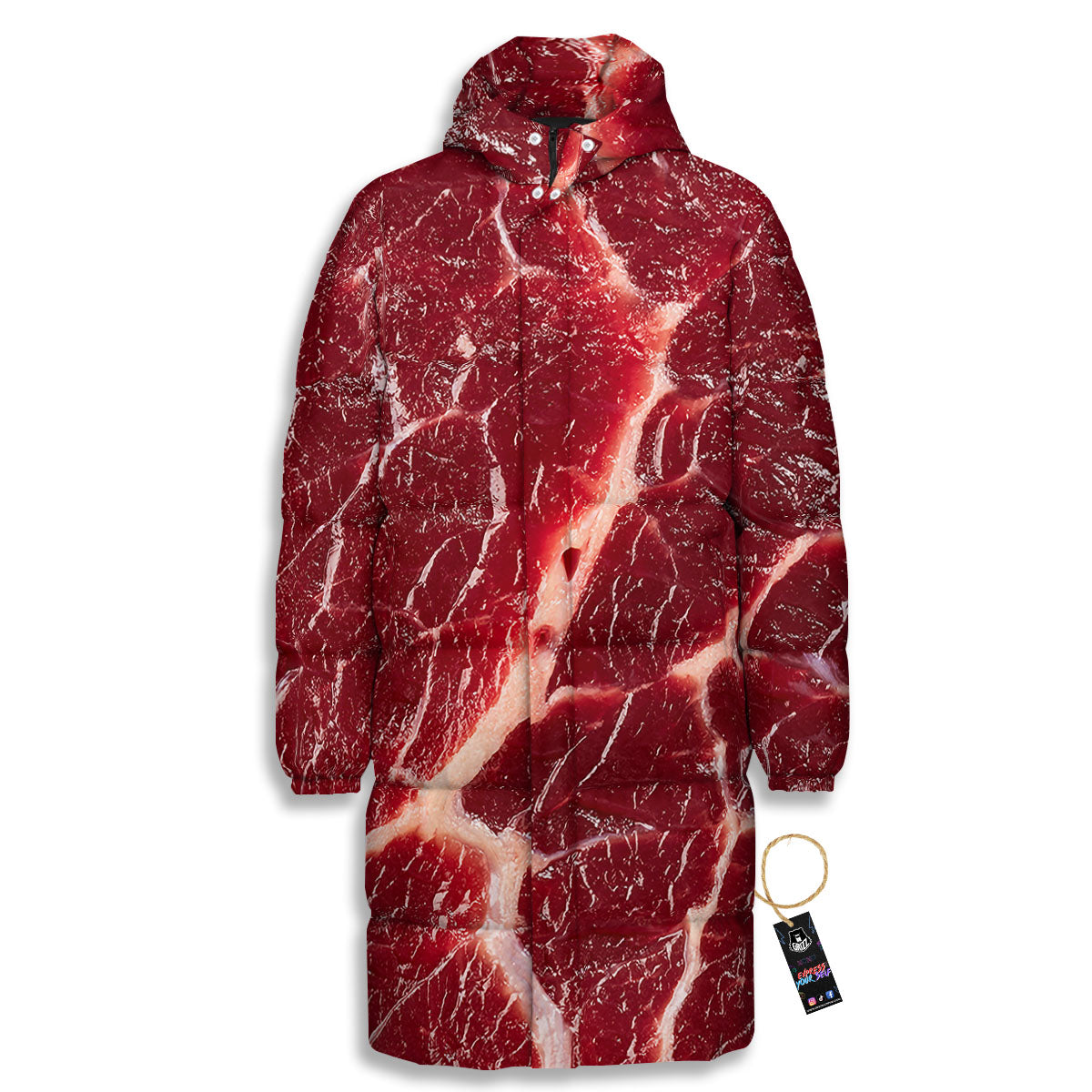 Texture Red Meat Print Long Down Jacket-grizzshop