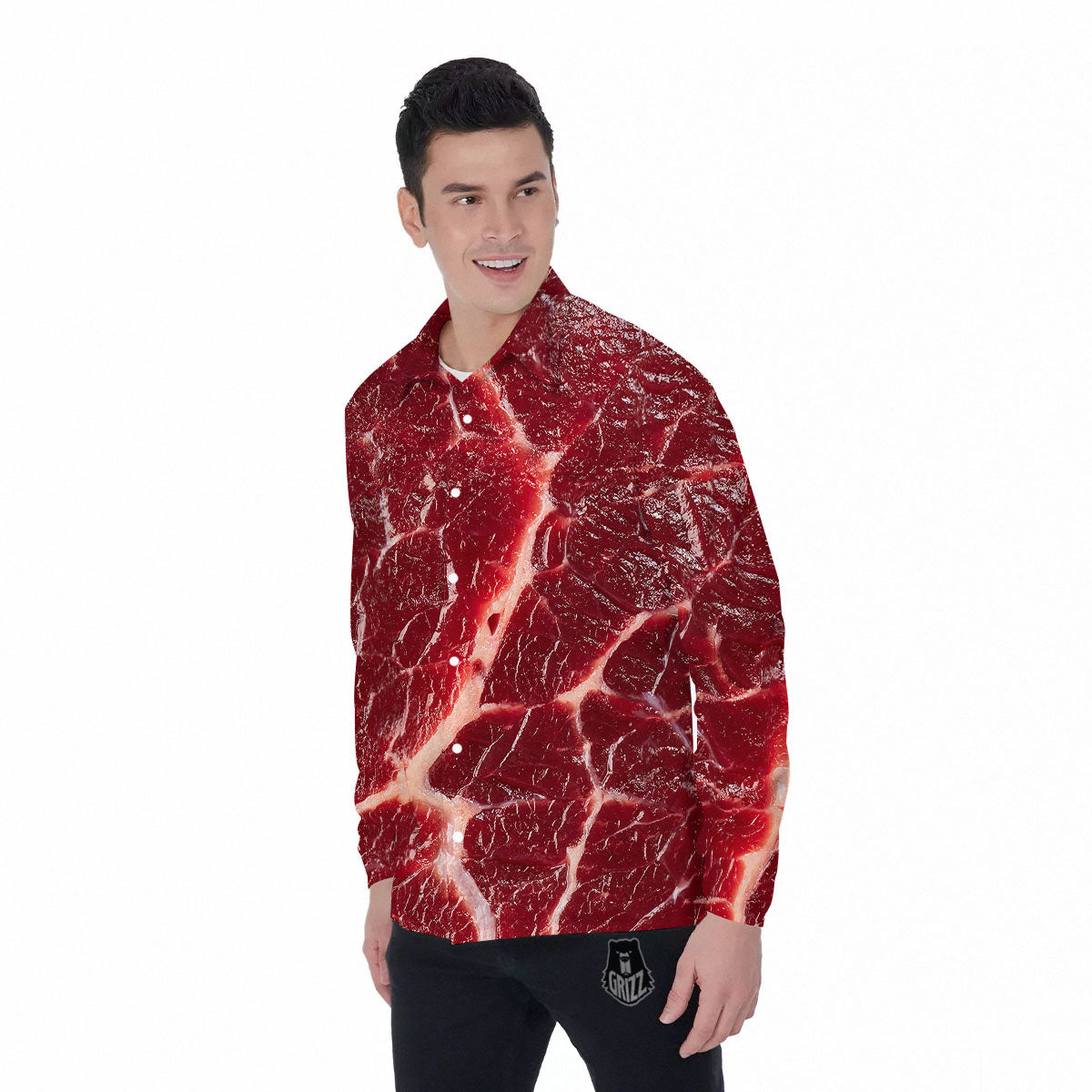 Texture Red Meat Print Men's Long Sleeve Shirts-grizzshop