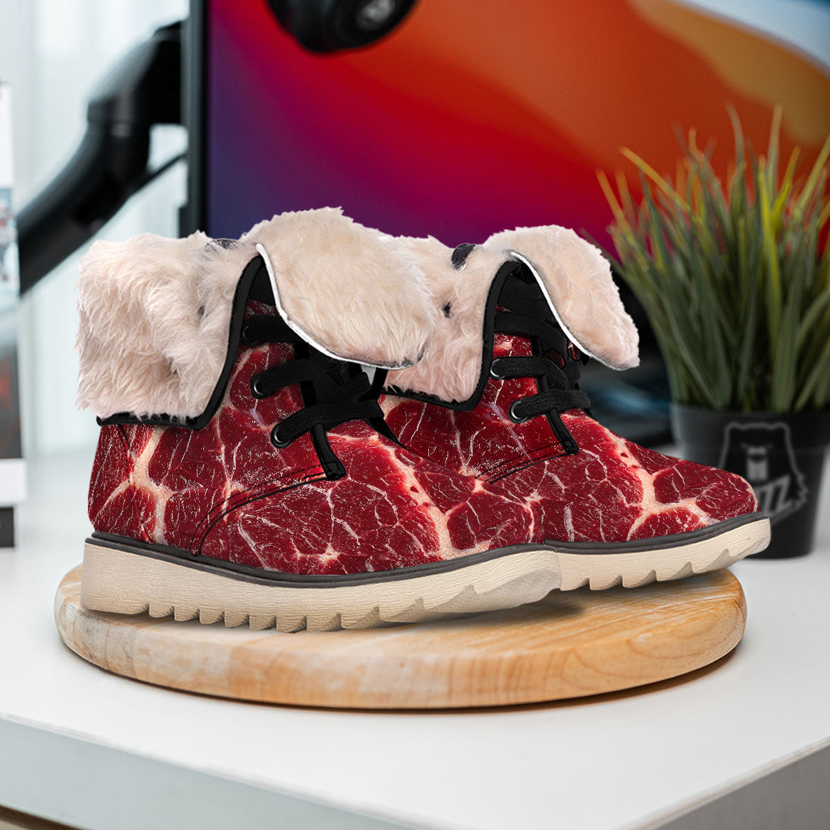 Texture Red Meat Print Snow Boots-grizzshop