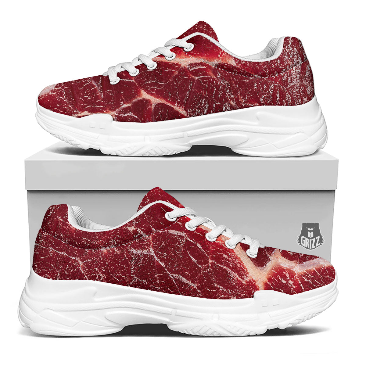 Texture Red Meat Print White Chunky Shoes-grizzshop