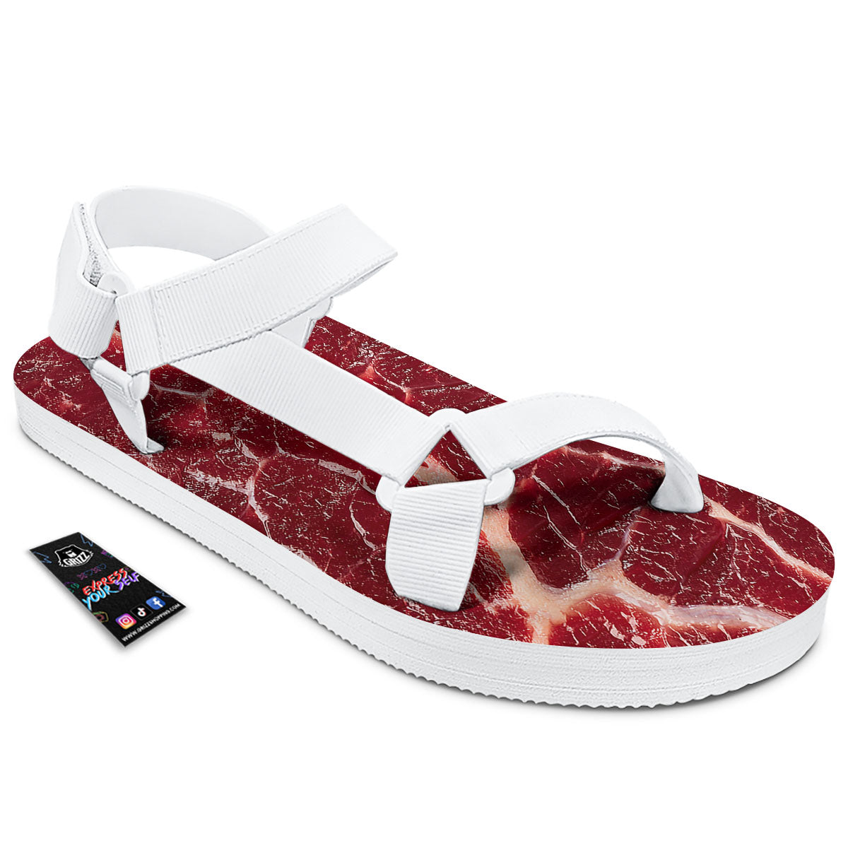 Texture Red Meat Print White Open Toe Sandals-grizzshop
