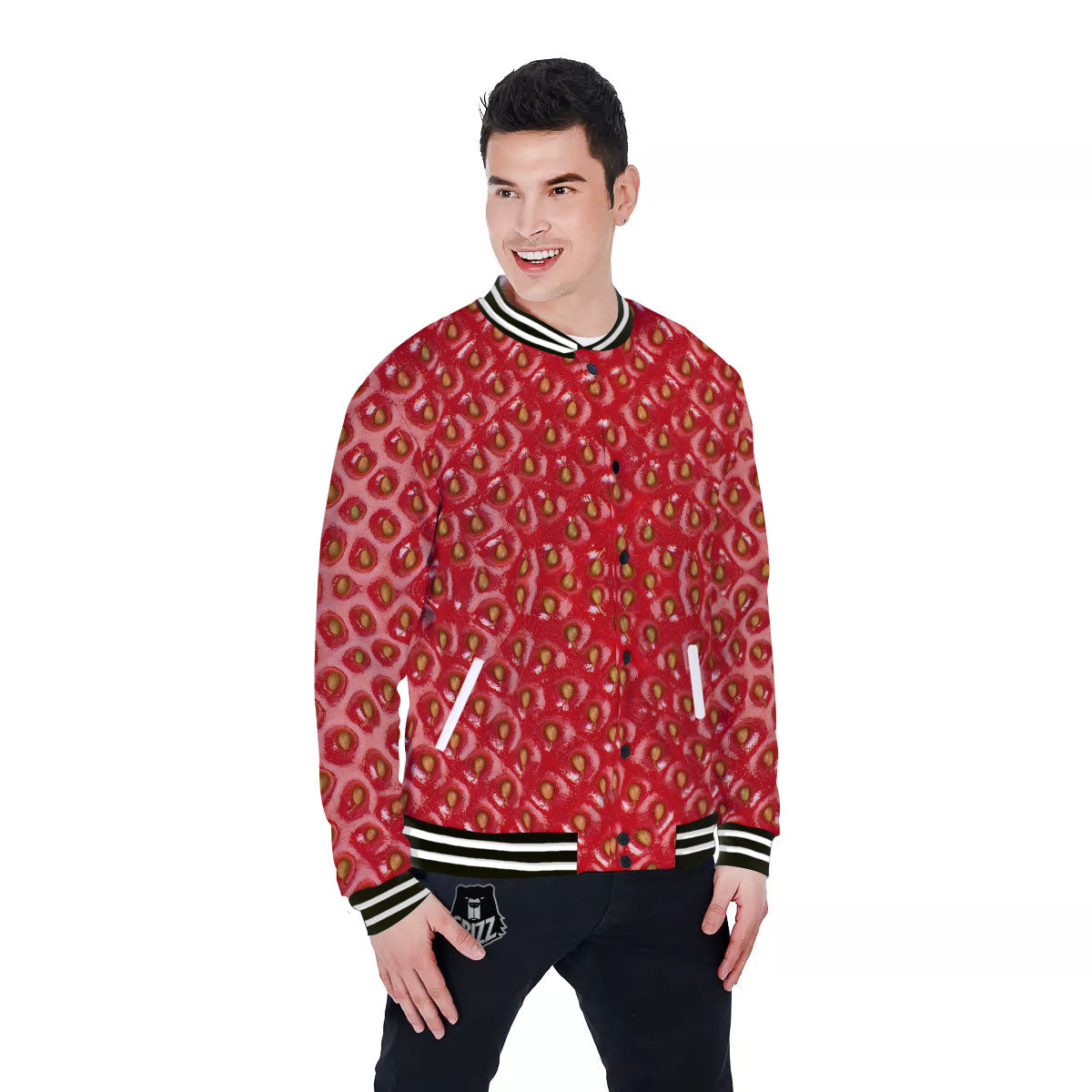 Texture Red Strawberry Print Baseball Jacket-grizzshop