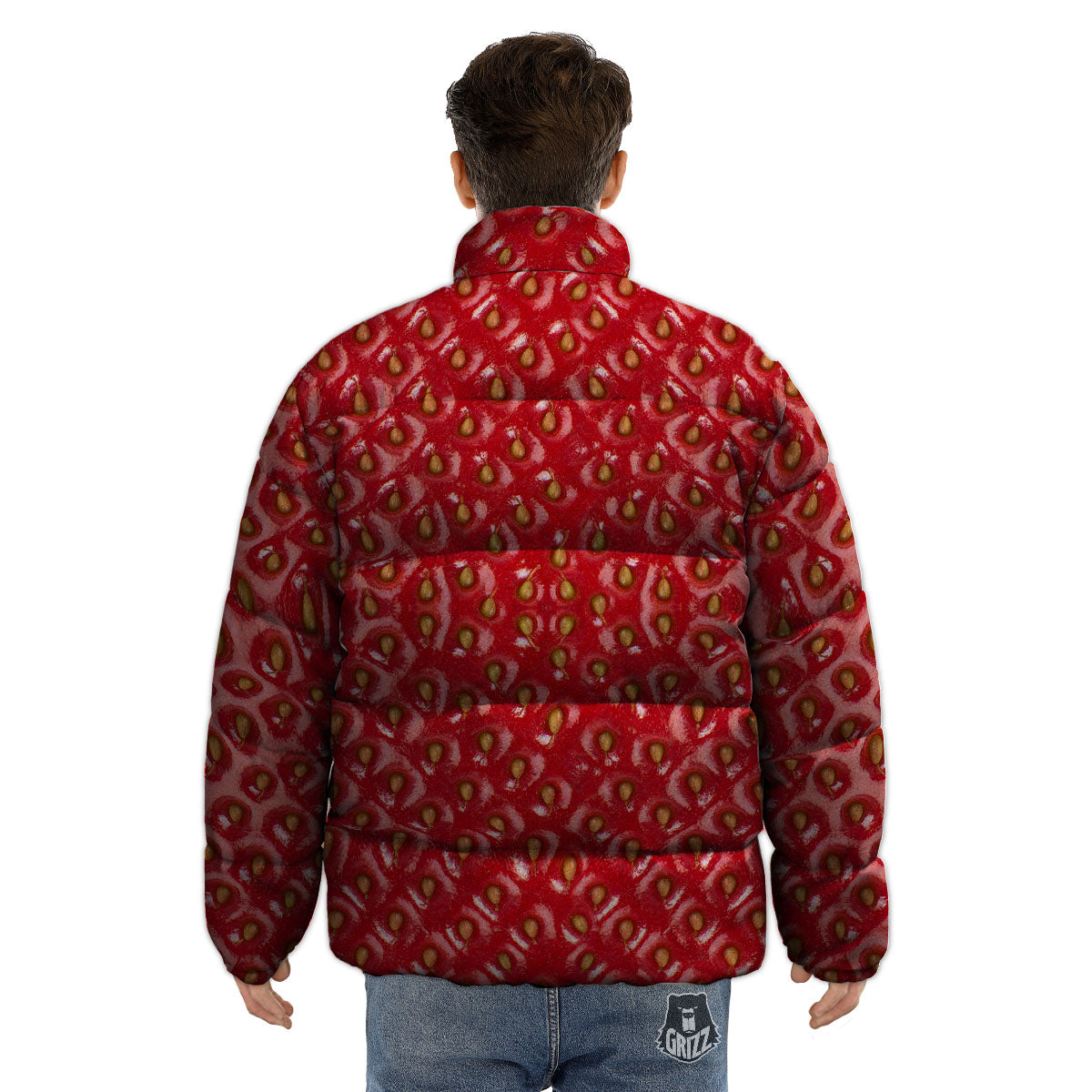 Texture Red Strawberry Print Puffer Jacket-grizzshop
