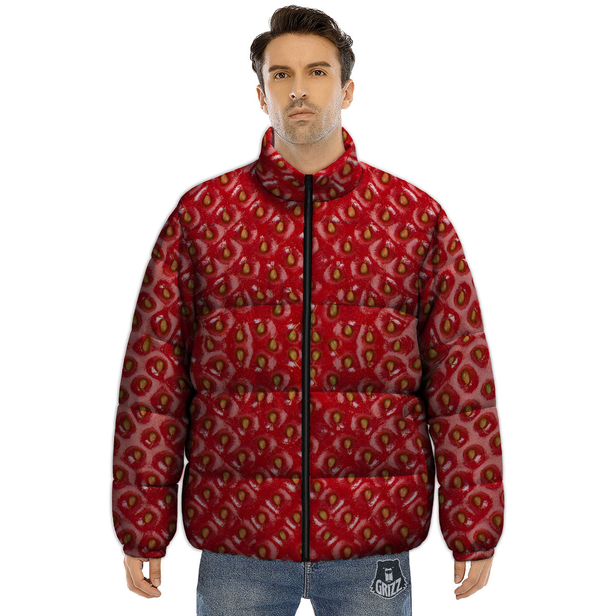 Texture Red Strawberry Print Puffer Jacket-grizzshop