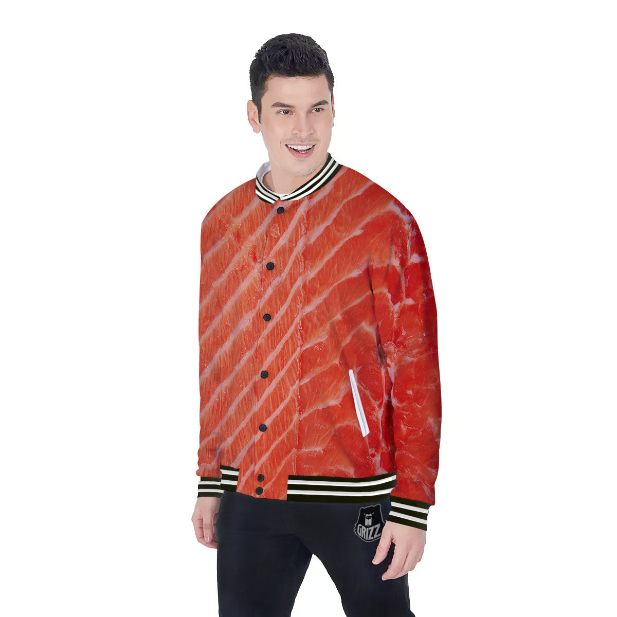 Texture Salmon Print Baseball Jacket-grizzshop