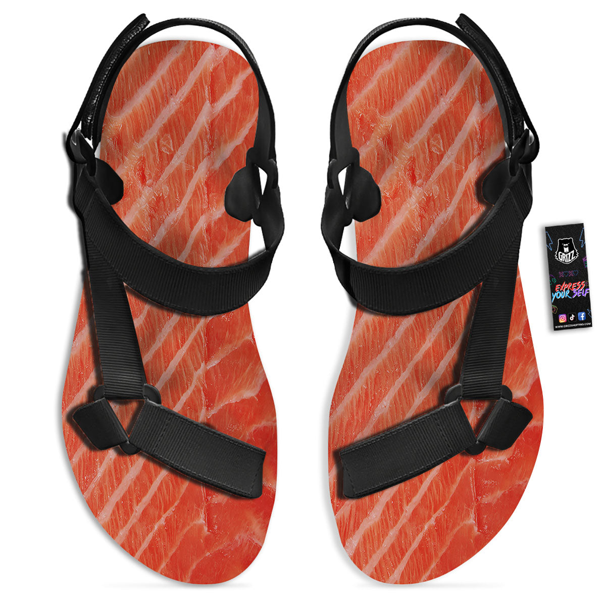 Texture Salmon Print Black Open Toe Sandals-grizzshop