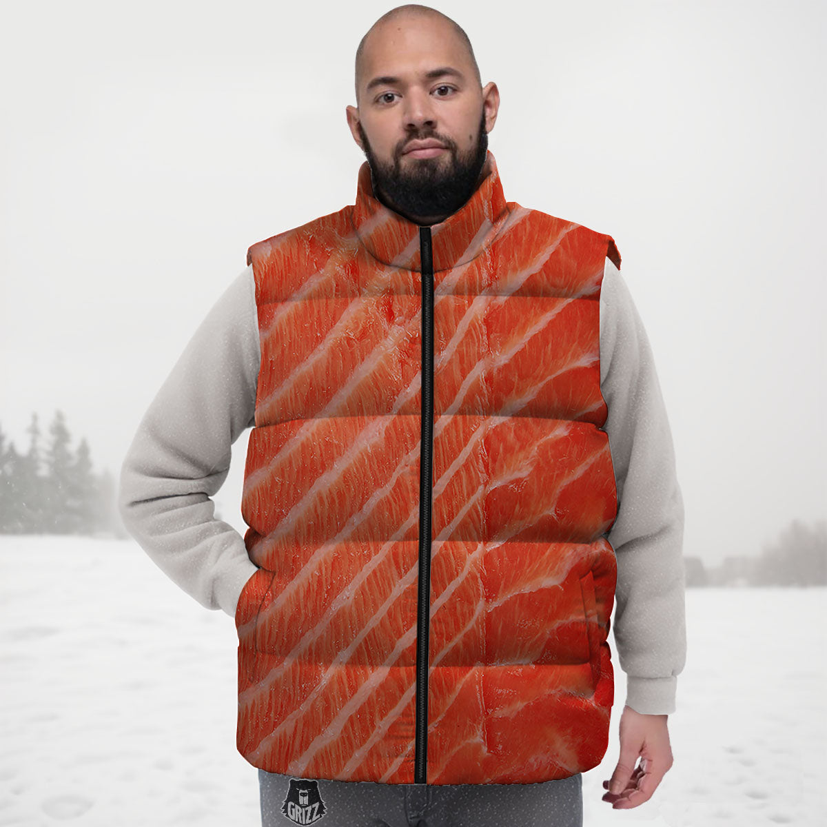 Texture Salmon Print Down Vest-grizzshop