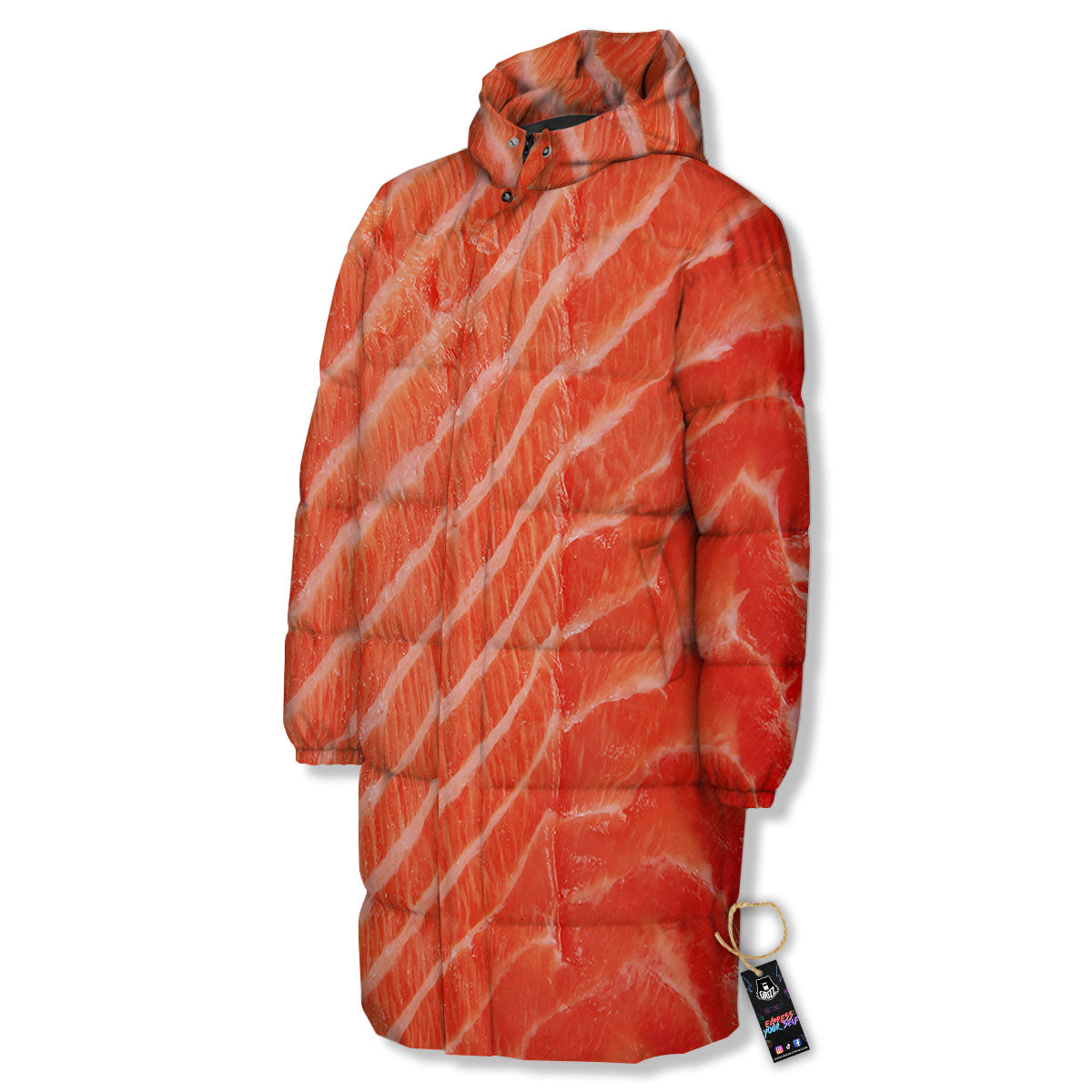 Texture Salmon Print Long Down Jacket-grizzshop