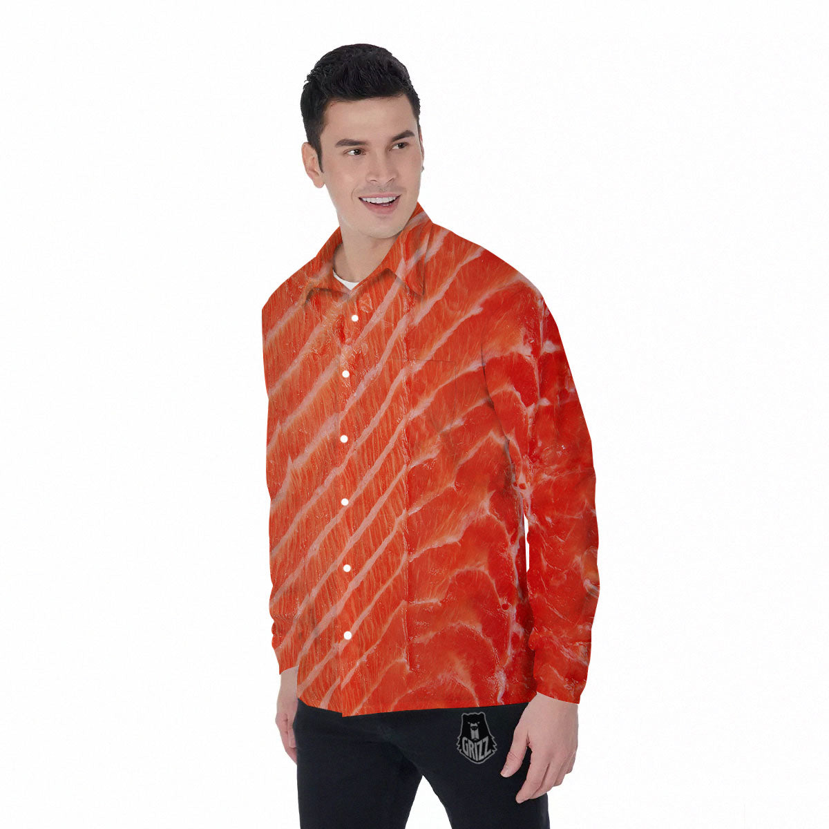 Texture Salmon Print Men's Long Sleeve Shirts-grizzshop