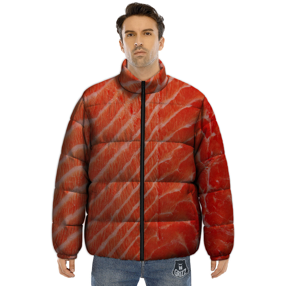 Texture Salmon Print Puffer Jacket-grizzshop